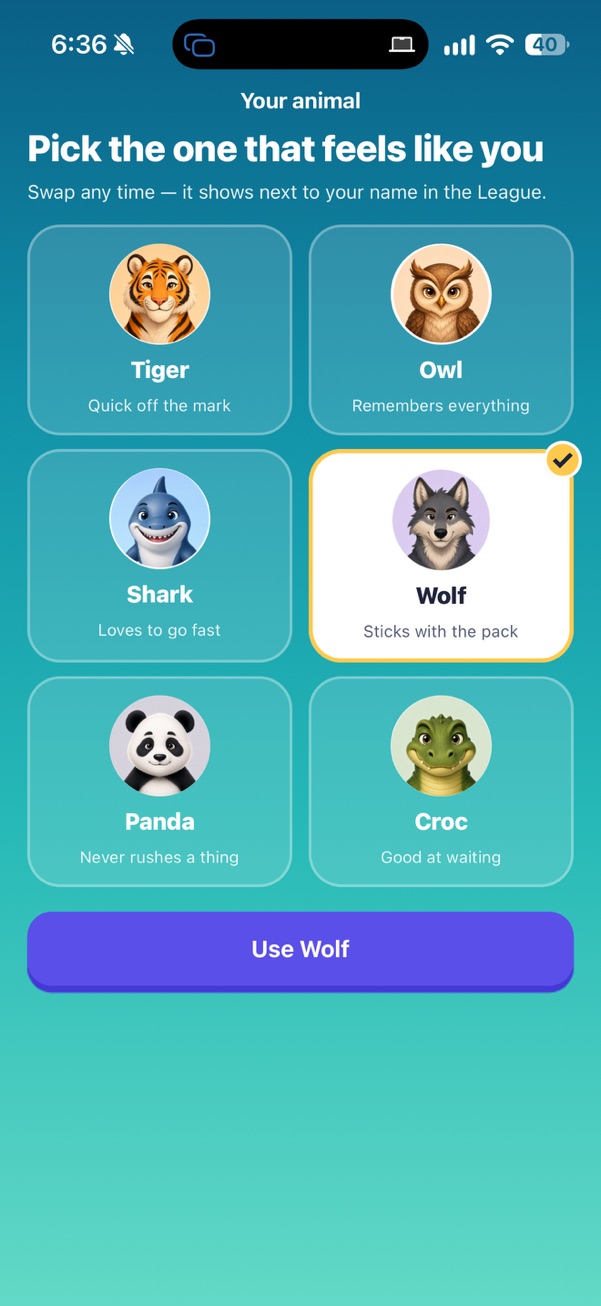 Pick your animal screen